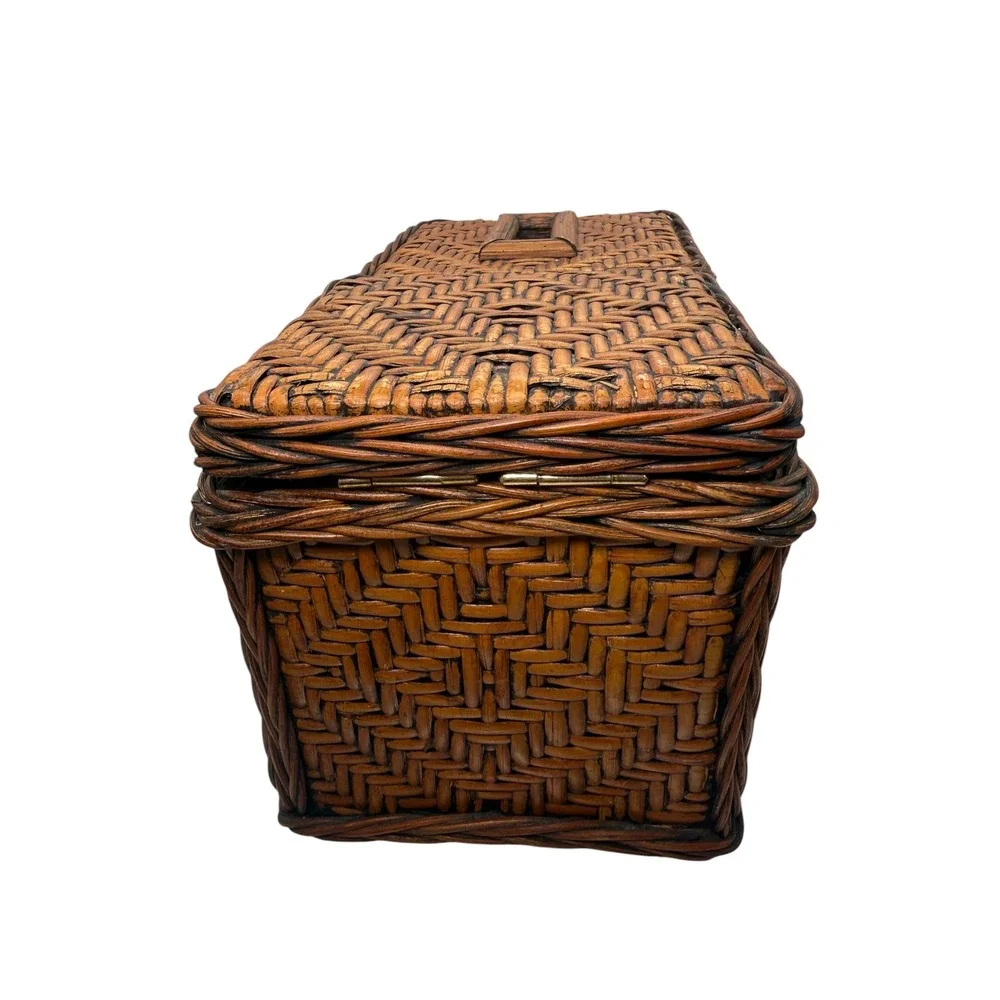 Vintage Woven Wicker Dual Compartment Tissue Box Cover and Storage Basket Brown